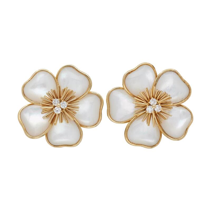 Van Cleef & Arpels Gold, Mother of Pearl and Diamond Rose de Noël Earclips