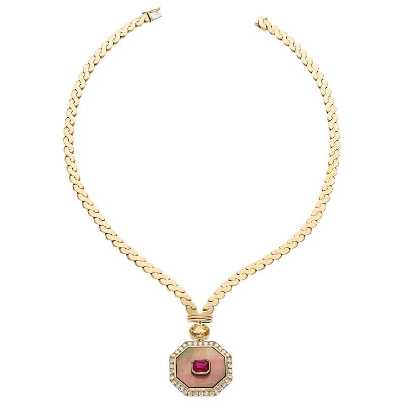Van Cleef & Arpels Vintage Gold, Ruby, Yellow Sapphire and Mother of Pearl Necklace