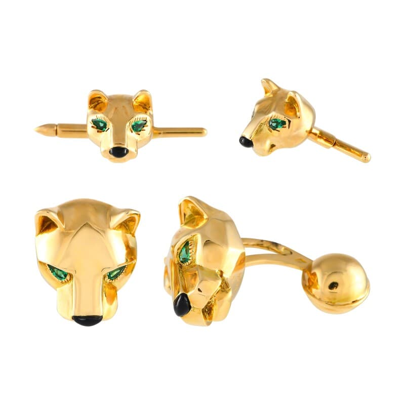 Cartier Gold, Emerald and Onyx Panthère Cufflinks and Shirt Studs Set