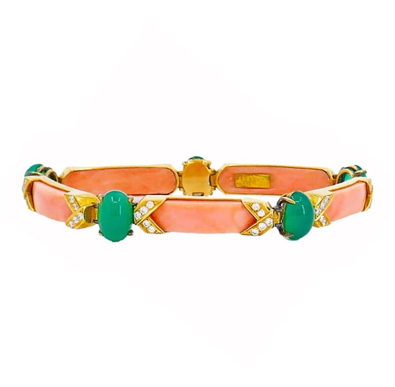 Van Cleef & Arpels Vintage Gold, Coral, Chrysoprase and Diamond Bracelet