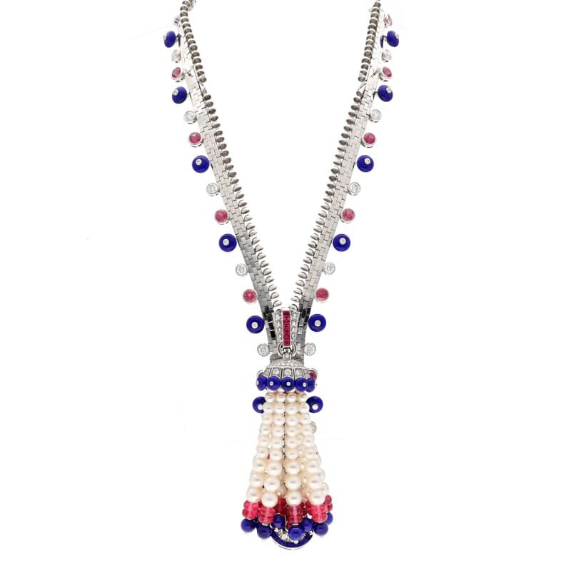 Van Cleef & Arpels White Gold, Tourmaline, Lapis Lazuli, Cultured Pearls and Diamond Zip Co