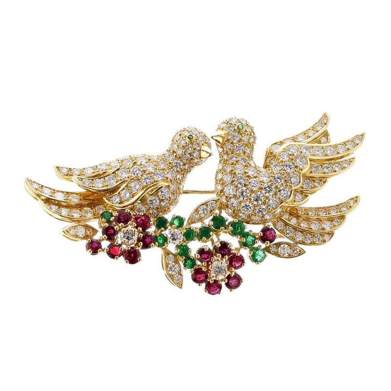 Van Cleef & Arpels Gold, Ruby, Emerald and Diamond Love Birds Brooch