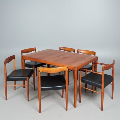 H.W. KLEIN. Bramin, group of tables, a dining table and six chairs, teak, leather, 1960s, Denmark (7).