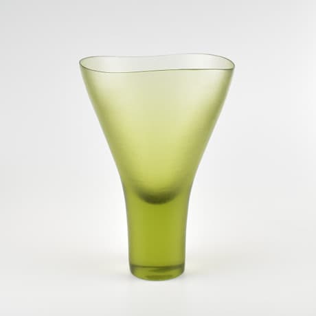 PAOLO VENINI. Vase, "Incisi", green tinted glass with texture, wavy top edge, label marked, Murano, Venice, Italy, 1940-50s.