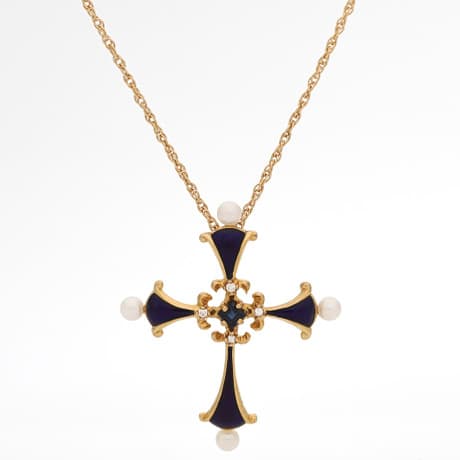 NECKLACE WITH CRUCIFIX, 'The Midnight Sapphire Cross', Franklin Mint, "The House of Igor Carl Faberge Collection", 18K gold, diamonds tot. approx. 0.04 ct, sapphire, pearls and blue enamel.