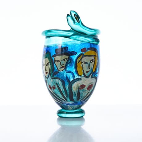 ULRICA HYDMAN-VALLIEN. Vase, glass, Kosta Boda, unique, grail with framed oil painting, green tinted glass mass, upper edge in the form of a winding snake, signed and numbered 944044.