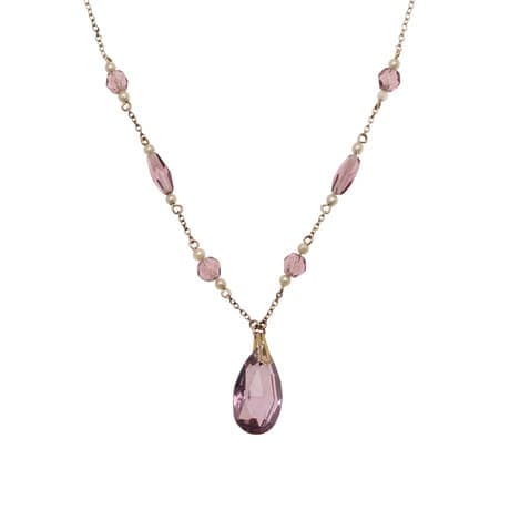 A 9 CARAT GOLD, AMETHYST AND SEED PEARL NECKLACE.