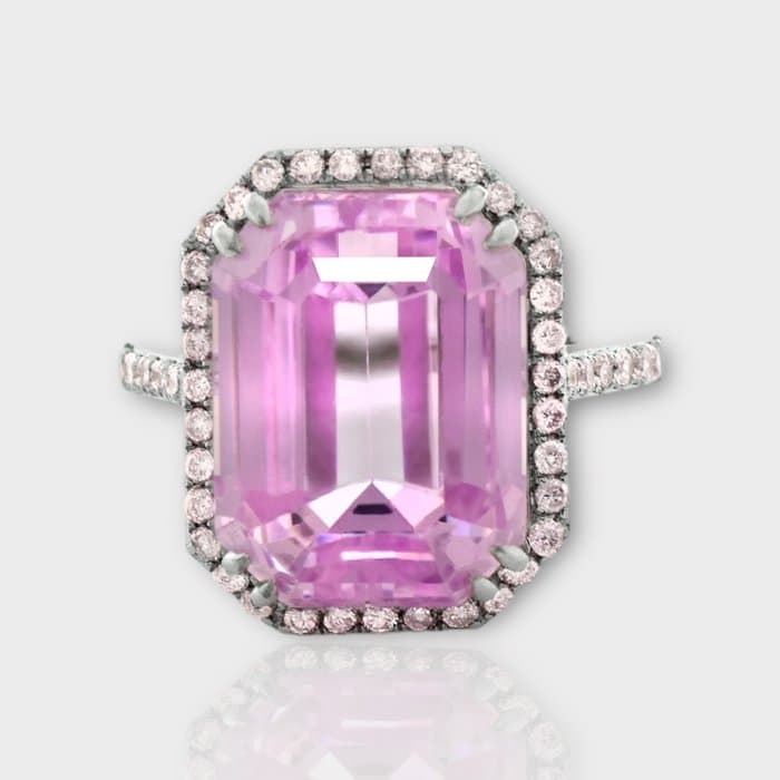 IGI 15.88 ct Natural Pink Kunzite with 0.60 ct Pink Diamonds - Ring - 14 kt. White gold Kunzite - Diamond