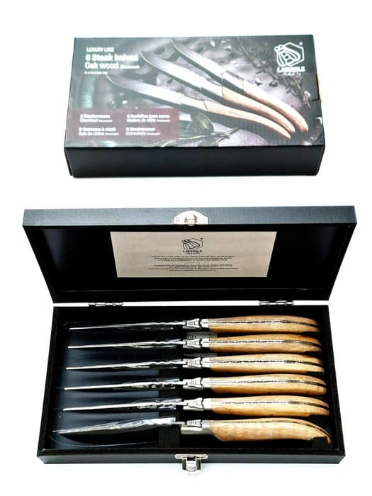 Laguiole - 6x Luxury Steak Knives - Oak Wood - stonewash blade finish - style de - Ensemble de couteaux de table (6) - Acier inoxydable