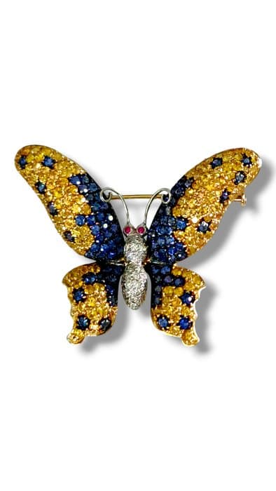 Brooch - 18 kt. Yellow gold, Gorgeous 18k Gold Diamond Sapphire Butterfly Brooch Pin