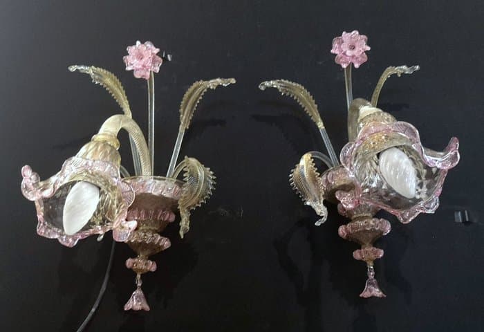 Nessuna Riserva - Attribuito alla Fornace Ferro - Wall sconce (2) - Clear amber glass and pink decorations