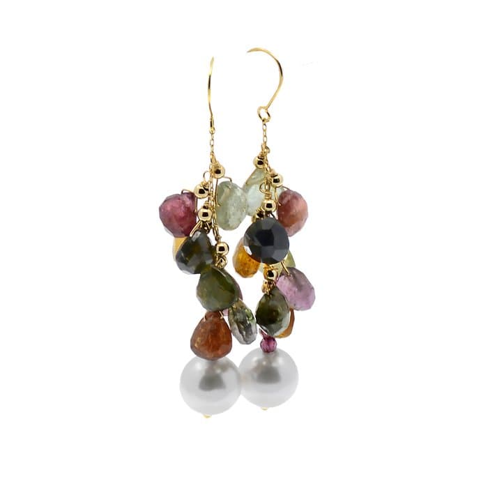 Earrings - 18 kt. Yellow gold Pearl - Tourmaline - Ruby