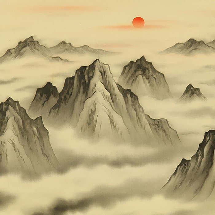 Rising Sun and Sea of Clouds Rock Mountains with Box - Kawasaki Kyuka 川崎求可 (b1902) - Japan (No reserve price)